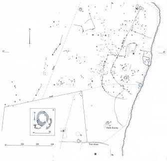 Publication drawing; plan of Tofts Ness (1:2000) with inset plan of monument no. 11 (1:200). Scanned copy. 