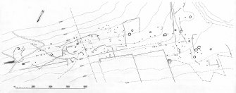 Publication drawing; site plan of Kinrive, showing the position of the chambered cairns, hut circles and field system. Scanned copy. 