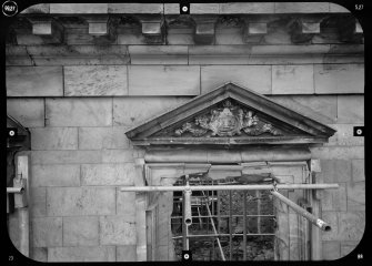 View of pediment with central motif dated 1724, Mavisbank House.