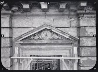 View of arch pediment with central motif, Mavisbank House.