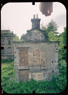 View from NE showing remains of pavilion with main block in background, Mavisbank House.