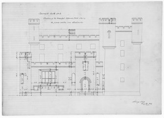 Castle of Mey. Elevation of entrance front showing proposed alterations and additions by architect William Burn.
Inscribed '76 George Street May 28 1819'.
Pencil, ink, colour wash on paper.
