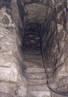 View from the cistern (lower chamber) up the lower flight of steps to the half-landing.