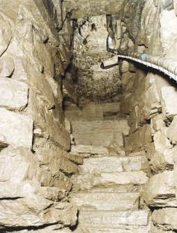 View up lower flight of steps from cistern to half-landing, after installation of handrail.