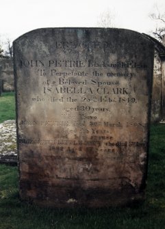 View of headstone of John Petrie and his wives Isabella Clark and Elizabeth Littlejohn.
