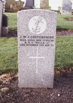 View of headstone; Commonwealth War Grave, J. W. Corstorphine, Deck Hand