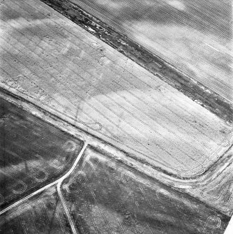 Inverpeffer and East Haven Airfield, oblique aerial view, taken from the E, centred on various linear cropmarks. A possible rectilinear enclosure is visible in the bottom left-hand corner of the photograph, and a disused runway runs across the top half.