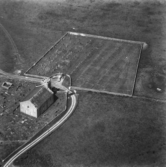 Kilchoman Old Parish Church.
Aerial view of church and graveyard from South.