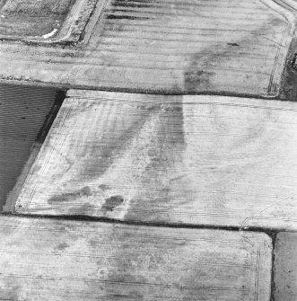 Oblique aerial view of the cropmarks fo the rig, possible enclosure and possible sunken floored building, looking NE.