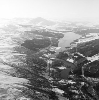 General oblique aerial view of the reservoir with Schiehallion in the distance, taken from the ENE.