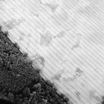 Oblique aerial view centred on the cropmarks of the square barrow, round barrows enclosure, and ring-ditch, taken from the SW.