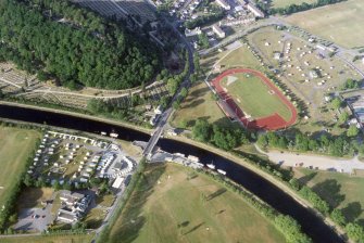 Near vertical aerial view of Tomnahurich Swing Bridge, Inverness, looking NE.