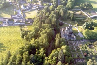 Near vertical aerial view of Cawdor Castle, Nairn, looking N.