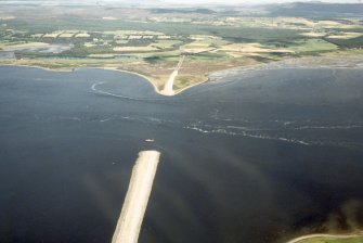 Aerial view of Dornoch Bridge under construction, Dornoch Firth, looking N.