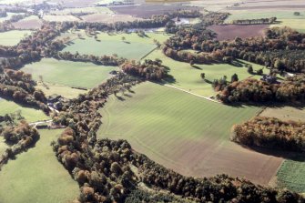 Oblique aerial view of the grounds of Fasque House, Fettercairn, near Laurencekirk, Aberdeen-shire, looking S.