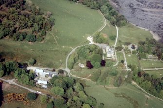 Near overhead aerial view of Torosay Castle and gardens, Isle of Isle of Mull, looking NE.