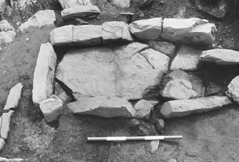 Excavation photograph : trench AH Baulk - hearth L374 showing base slabs L388.

(see MS/682/120 for detailed description)