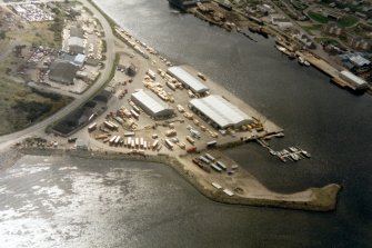 Near vertical aerial view of Longman Quay,  Inverness Harbour, looking NE.