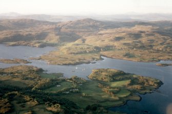 Oblique aerial view of the E part of the island of Ulva, W coast of Isle of Mull, Argyll, looking NE.
