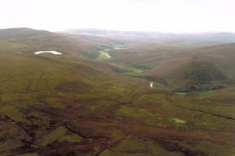 Aerial view of Burg Ruadh Broch and Berridale Water, Caithness, looking SE.