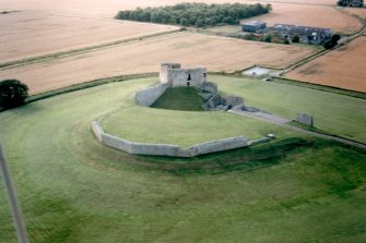 Oblique aerial view of Duffus Castle, Moray, looking NW.