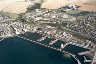 Near vertical aerial view of Cluny Harbour, Buckie, Moray, looking SE.