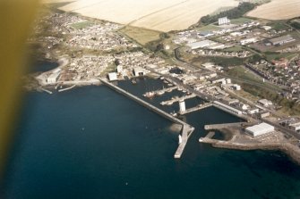 Near vertical aerial view of Cluny Harbour, Buckie, Moray, looking E.