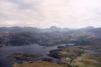 Aerial view of part of Loch Gairloch and the hinterland of Ross-shire, Wester Ross, looking ESE.