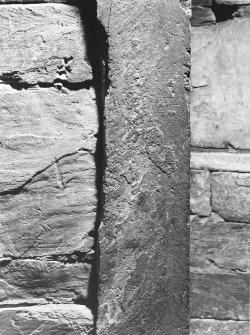 Interior of cairn; runes - detail (centre)