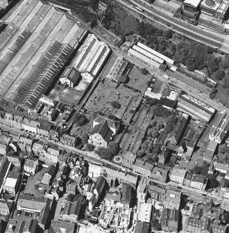 Aerial view showing church and graveyard, Canongate Parish Church. 