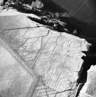 Aerial photograph showing Castles Girnigoe, Sinclair and Castle Haven Dyke