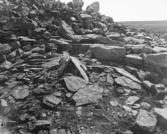 Camster, Long - Excavation of the SW forecourt, 'chamber X', horns C and D, and the NW wall 
18 plates of the SW forecourt, horns C and D, and the NW revetment between 8 - 20m N:
Plates 1-2: SW forecourt with the blocking in place (stage 2).
Plate 3: 2 negatives of the SW forecourt with the blocking in place (stage 2).
Plate 4: 3 negatives of the putative N wall of the passage to 'chamber X'.
Plate 5: 2 negatives of horn C and the extra revetment on the SE wall.
Plate 6: 2 detailed negatives of horn C and the extra revetment on the SE wall.
Plate 7: 2 negatives of horn D and the extra revetment on the NW wall.
Plate 8-9: 4 negatives of the extra revetment to the W of horn D.
Plate 10: 2 detailed negatives of the slipped NW wall between 10 - 11m N.
Plate 11-12: 4 negatives of the NW extra revetment between 7 - 12m N.
Plate 13-14: NW extra revetment between 8 - 12m N.
Plate 15-16: 5 negatives of the collapsed NW revetment wall and thw cairn between 15 - 20m N.
Plate 17: 2 negatives of Camster Round.
