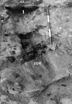 Excavation photograph. Area 3. Feature 106 and LB, LL, from west.