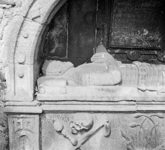 Detail of monument dated 1636 to the Bairds of Auchmedden set into wall with recumbent figure, St Mary's Church burial ground, Banff.