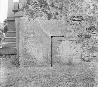 General view of fragments of tablet dated 1611, St Mary's Church burial ground, Banff.