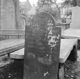 View of standing tombstone to Sarah Mathison who died in 1791 aged 7 months, St Mary's Church burial ground, Banff.