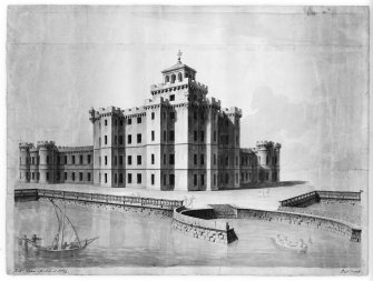 Barnbougle Castle.
Photographic copy of proposed perspective view of East front with figures and boats. 
Signed: 'Robt Adam, Architect 1774', insc(verso): 'East Front Barnbougle Castle by Robt Adam'
Ink and grey wash.