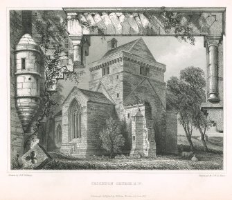 Engraving showing view of Crichton Church.
