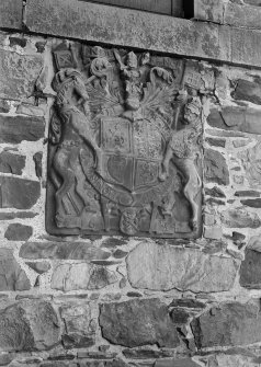 Detail of plaque from 32 Low Street, Banff, depicting 1634 Royal Coat of Arms.