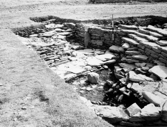 Excavation photograph : Front entrance from inside, slab filling of ditch, 'steps' from later platform.
