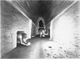 Reconstruction of the interior of the tomb in use.  BAR illustration 74.