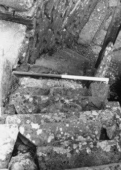 Staircase inside broch in WNW, looking down stairs from second storey. (From S) Broch of Gurness, Aikerness.