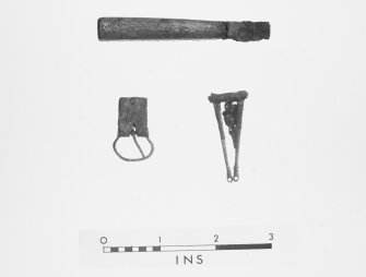 Bone socketed handle, bronze belt clasp and miscellaneous object.  Broch of Gurness, Aikerness.