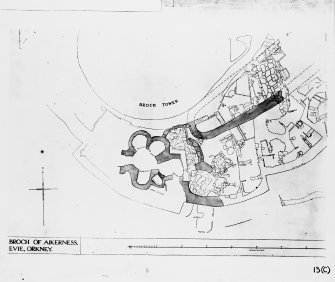 Site plan. SW portion of a photo of broch plan, shaded in to show secondary phase. Broch of Gurness, Aikerness.