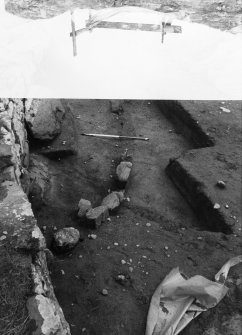 Trench 1,Area ABC 1, feature 2/2a, showing stones,wattle(?) and charcoal from West