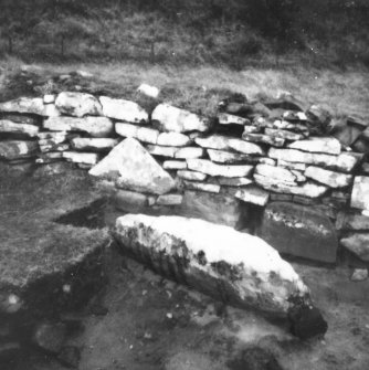 Excavation photograph - trench 1, area A, central - E section of N wall, from S.
Photographic copy of polaroid print. Copied 1995.