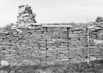 Survey photograph : site 51b - part of front elevation of earlier domestic unit, with internal access to byre; and living area with chimney at either end.