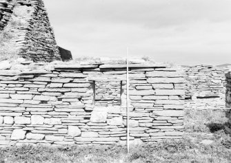 Survey photograph : site 51b - part of front elevation of earlier domestic unit, with internal access to byre; and living area with chimney at either end.