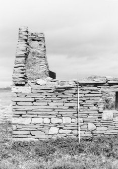 Survey photograph : site 51b - end of front elevation of earlier domestic unit, with internal access to byre; and living area with chimney at either end.