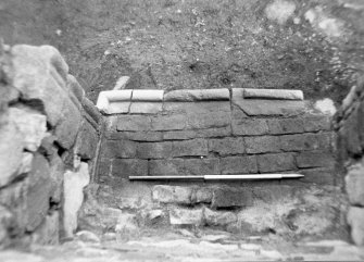 Excavation photograph : hearth (f208) of fireplace in N wall of E range, from N.